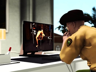 Fuck machine and sexy busty brunette in cuffs in basemant